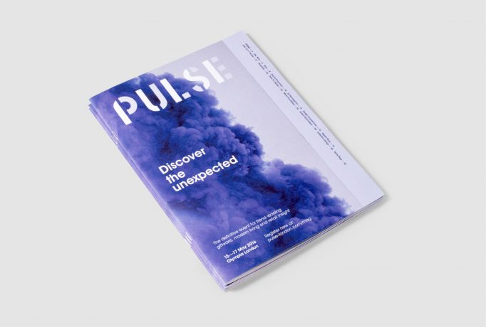 PULSE catalogue front page design with a violet coloured cloud of smoke