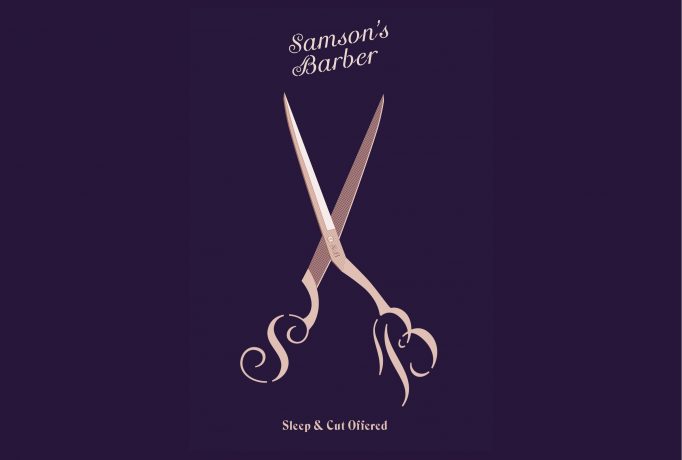 old-rose illustration of ‘Samson’s Barber’ emblazoned pair of scissors on dark violet background