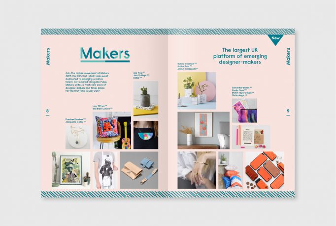 brochure layout, ‘Makers’ logo as headline with some text and images underneath on a rose background