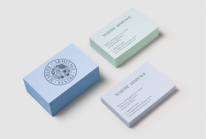 three piles of business cards with ‘MARTHE ARMITAGE PRINTS’ logo and company contact details