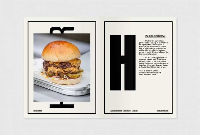 Layout design for sales brochure showing photograph of a burger