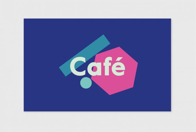 ‘Cafe’ written in light green, in the background a blue circle, turquoise rectangle and a dark pink hexagon on a dark blue background