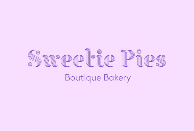 ‘Sweetie Pies Boutique Bakery’ logo written in violet on lilac background