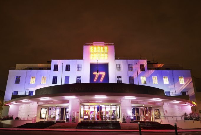 night photograph of the Earls Court entrance