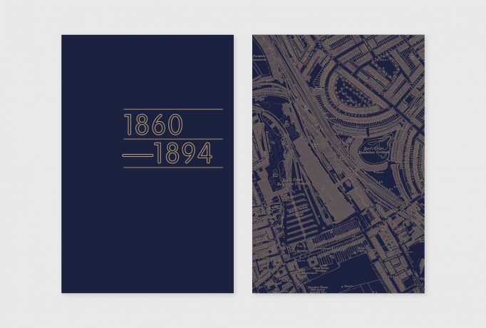 ‘1860-1894’ written in grey on a dark blue exhibition panels, next to a exhibition panels with area map of Earls Court