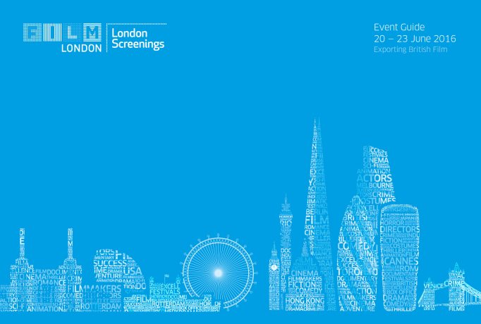 blue illustration with the skyline of London made out of words relating to film