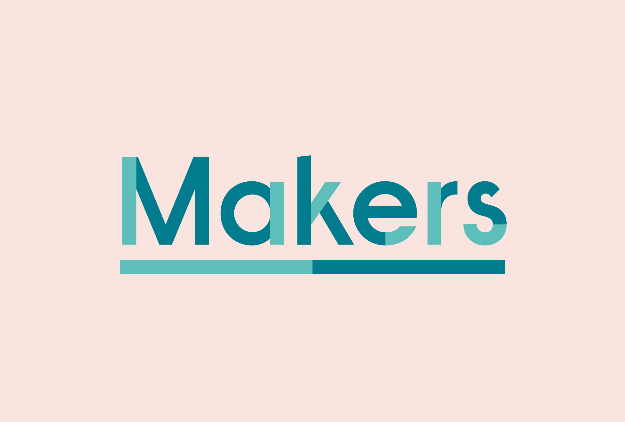 ‘Makers’ logo written in light and dark turquoise on a rose background