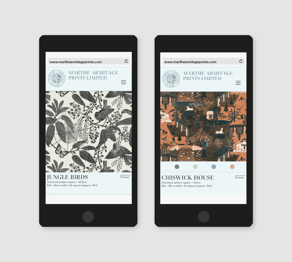 two smartphones shows two different fabric designs, one in black and white, one in orange and brown