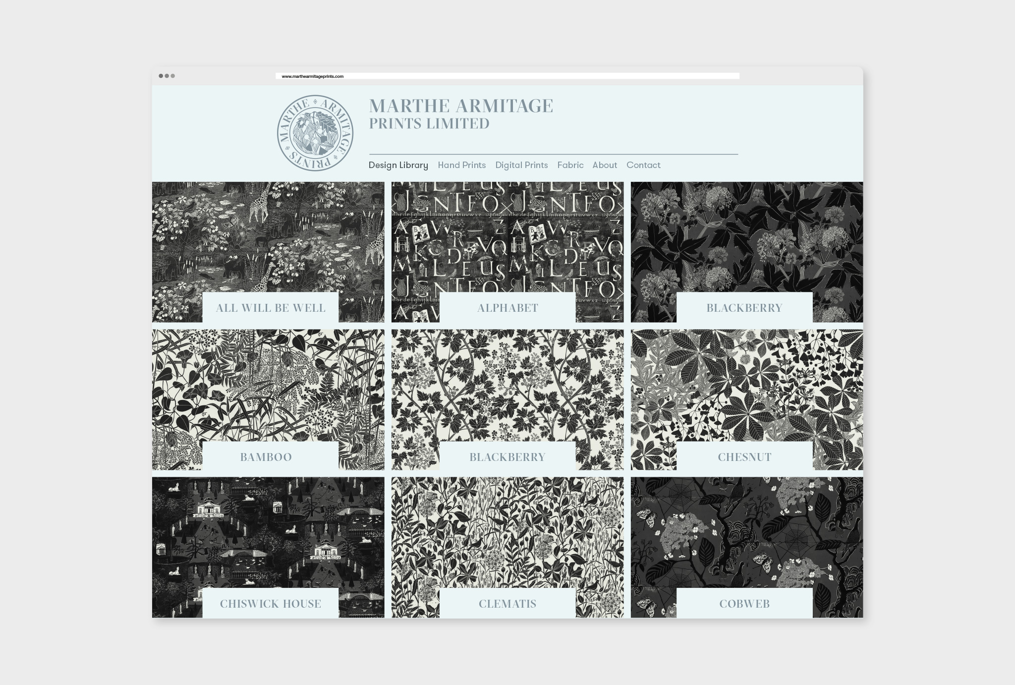 website design for library, nine different fabric designs in black