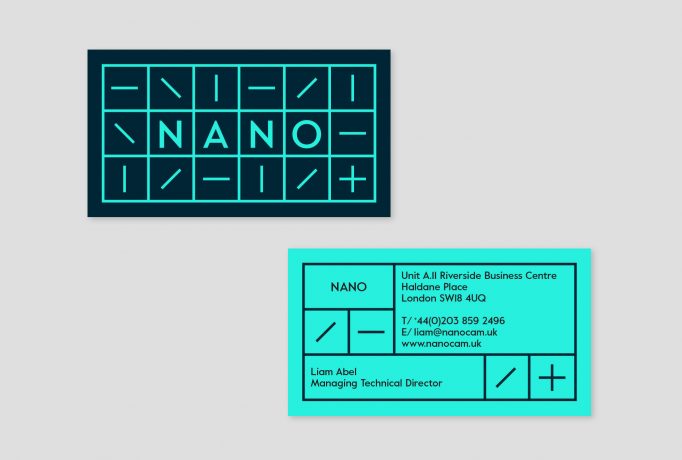business cards design in bright turquoise and black with ‘NANO’ logo and company contact details