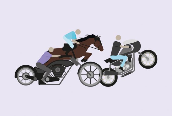 illustration of people riding a bike and horse on a lilac background