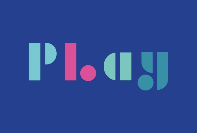 ‘Play’ logo written with geometric shapes in different colours on a dark blue background