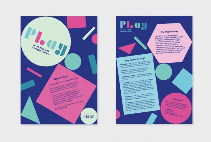 two leaflet designs with the ‘Play’ logo and some text surrounded by multi-coloured geometrical shapes