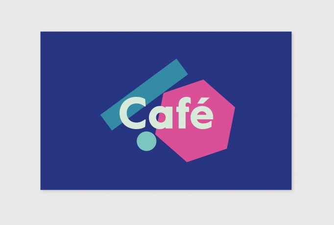 ‘Cafe’ written in light green, in the background a blue circle, turquoise rectangle and a dark pink hexagon on a dark blue background