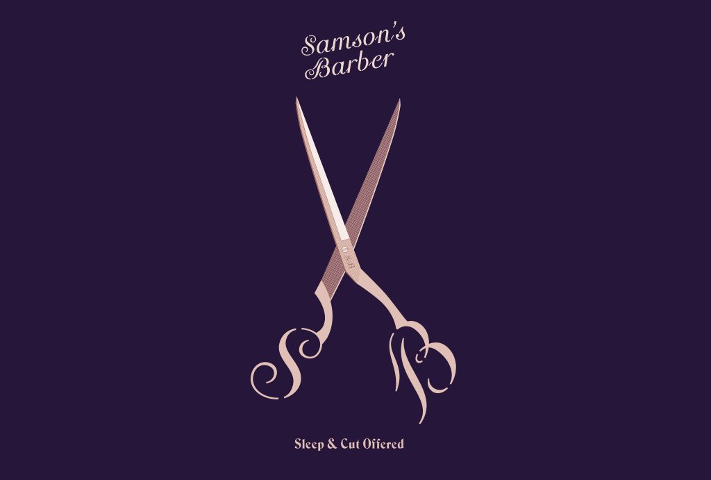 old-rose illustration of ‘Samson’s Barber’ emblazoned pair of scissors on dark violet background