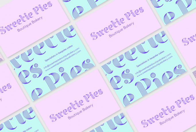 business cards in lilac and turquoise with ‘Sweetie Pies’ logo and company contact details