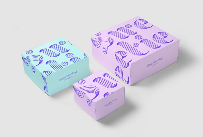 three boxes next to each other in lilac and turquoise