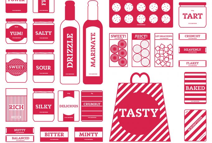 food emporium design with red end white illustrations of different food packages