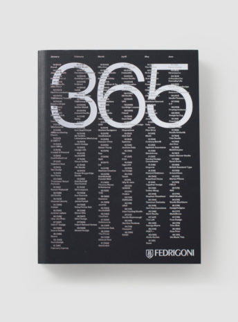 ront page of the ‘Fedregoni’ book, black with the number ‘365’ written in silver and smaller gun metal numbers and letters
