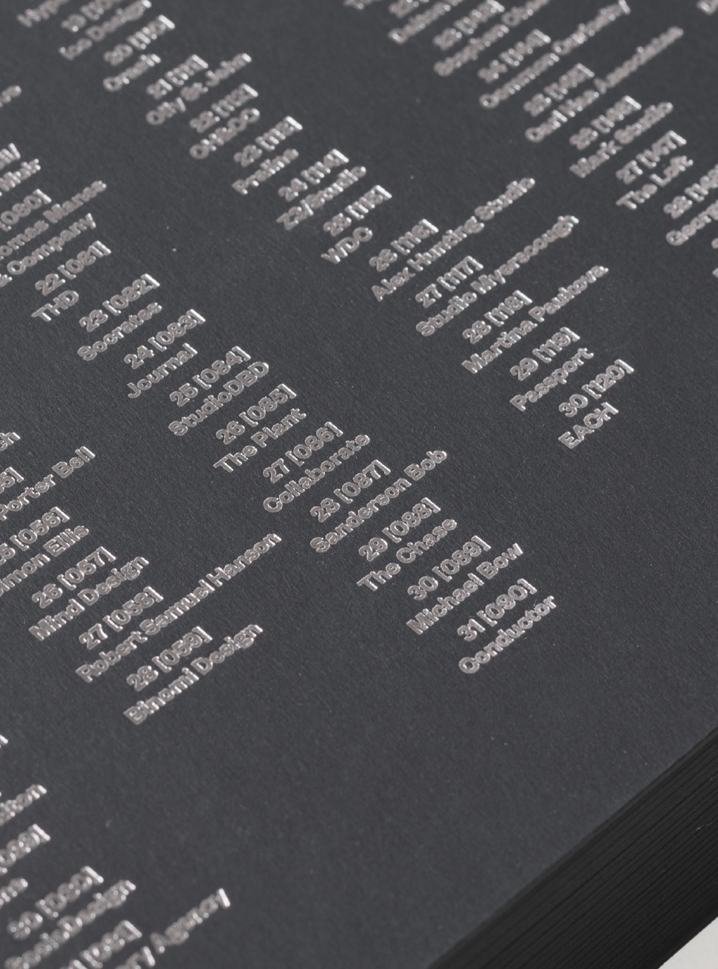 detail of gun metal written names and numbers on the black book
