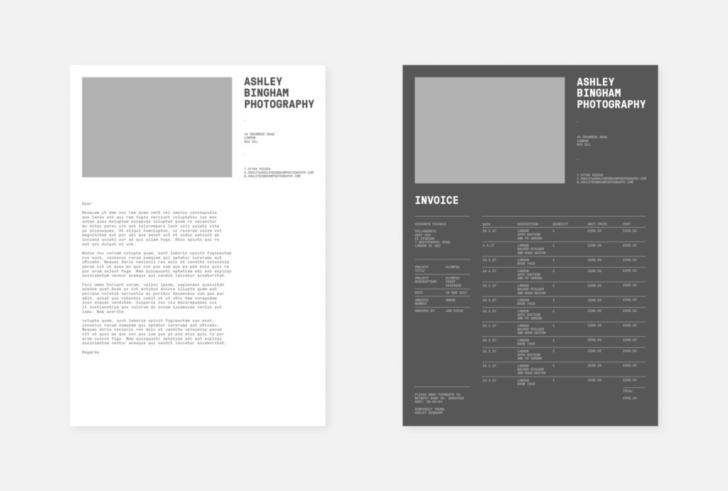 letter in white and invoice in dark grey with a light grey box