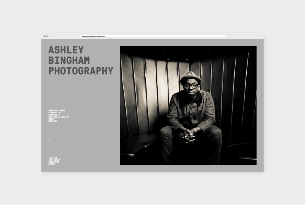 website design for ‘ASHLEY BINGHAM PHOTOGRAPHY’ in different grey shades