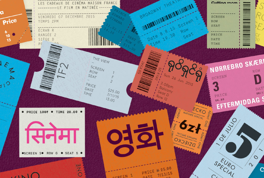 different coloured and sized film ticket stubs