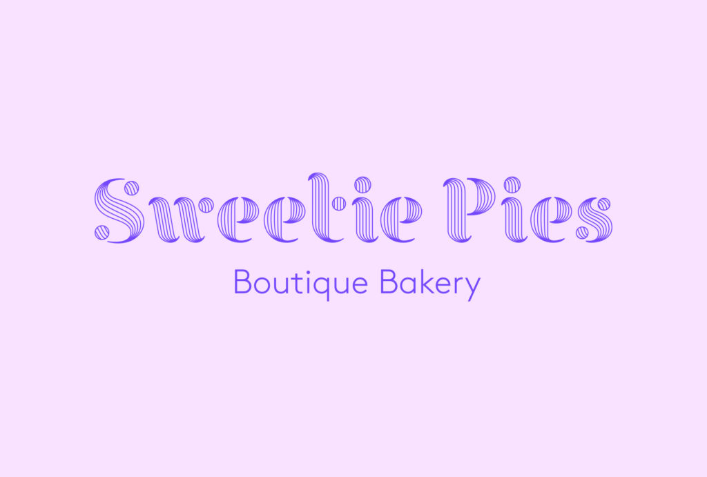 ‘Sweetie Pies Boutique Bakery’ logo written in violet on lilac background