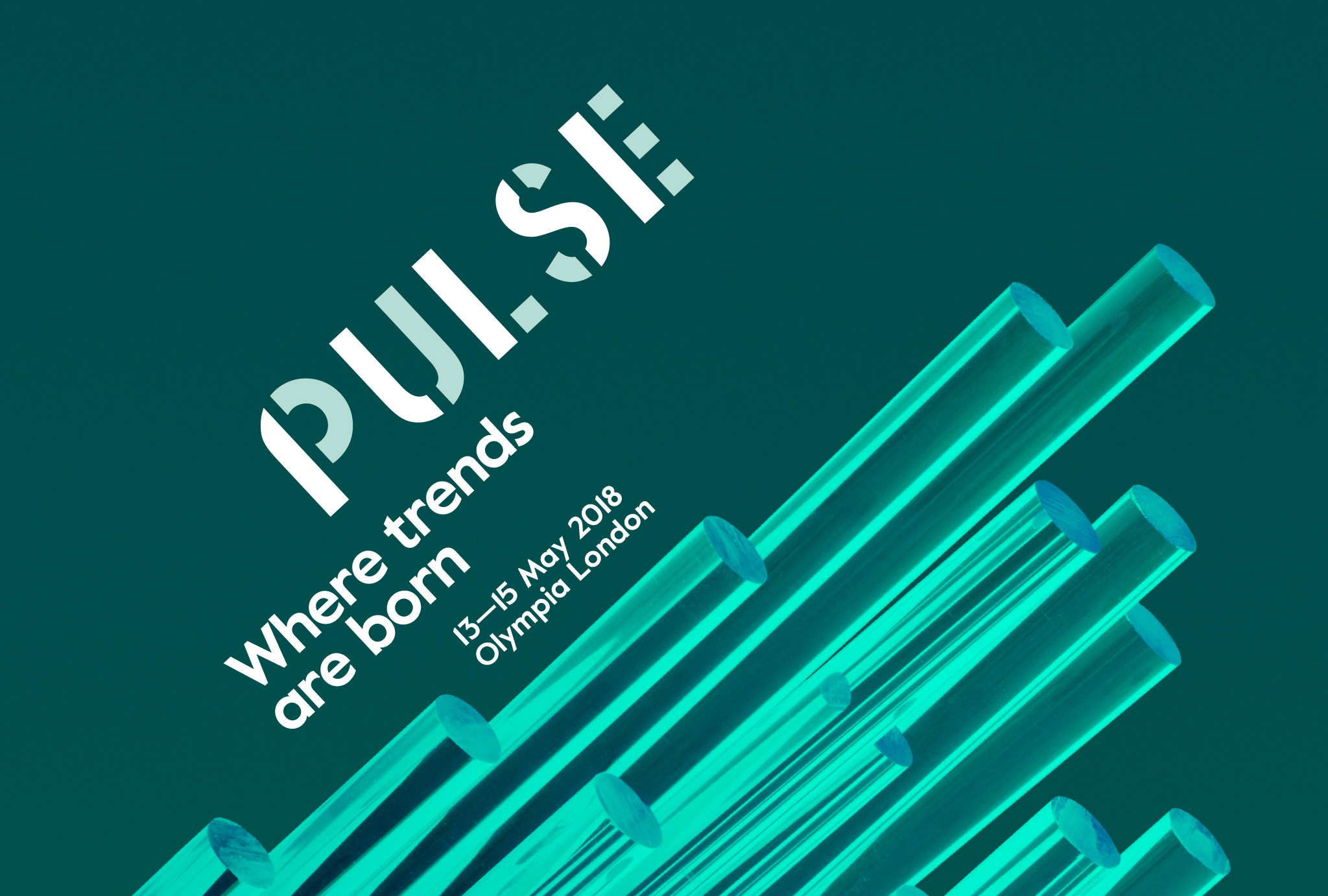dark turquoise background with crystal-like glowing rods and ‘PULSE’ ‘Where trends are born’ written above in white