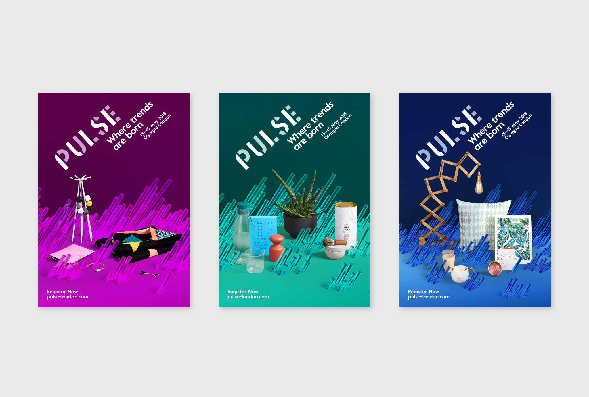 one pink, one turquoise and one blue poster design