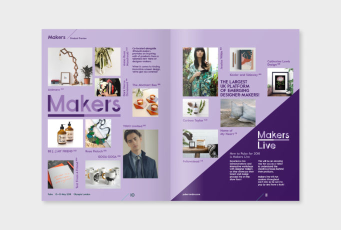 light violet pages of the magazine showing brands from the Makers sector of the show